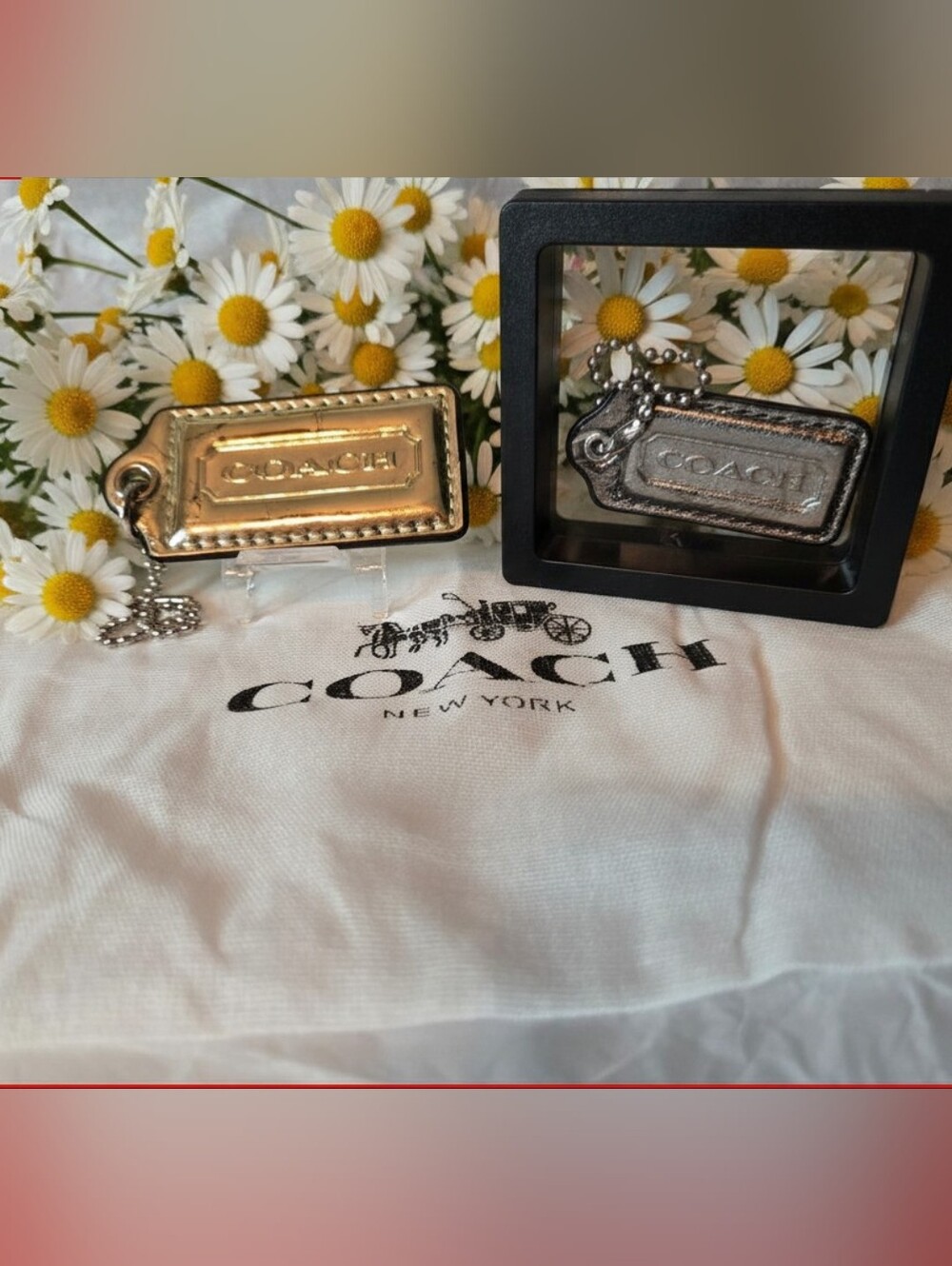 Coach 3-fer Leather Hang Tag Set, Gunmetal And Gold Poppy with Coach Dust Bag